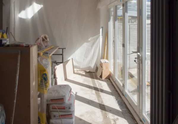 home-extension-cost-guide-2026-dublin-wicklow A construction area featuring renovation work in progress with large windows bringing in natural light