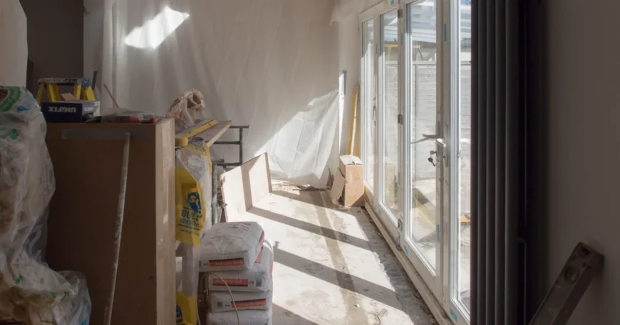 A construction area featuring renovation work in progress with large windows bringing in natural light