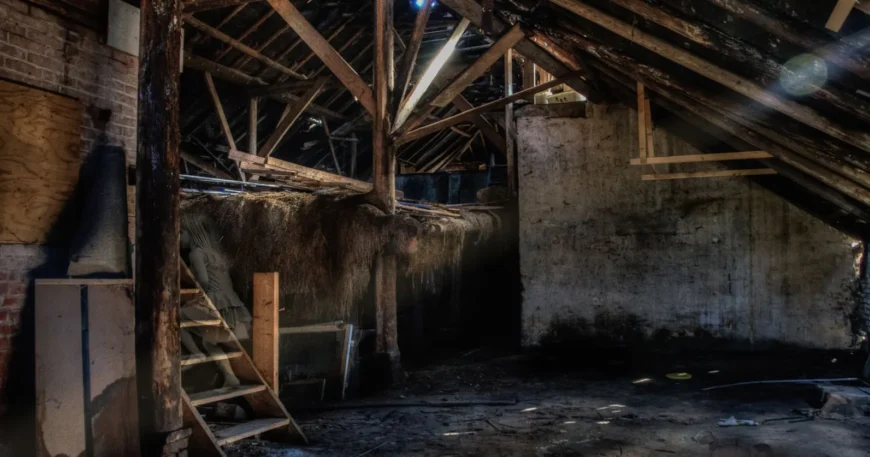 Sunlit abandoned attic showcasing rustic wooden beams and dust, creating an eerie atmosphere
