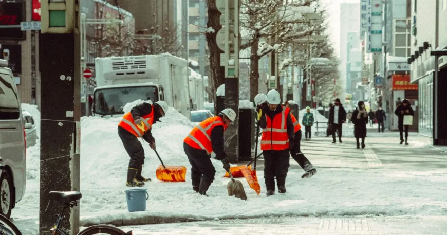 Urban street with workers shoveling snow
